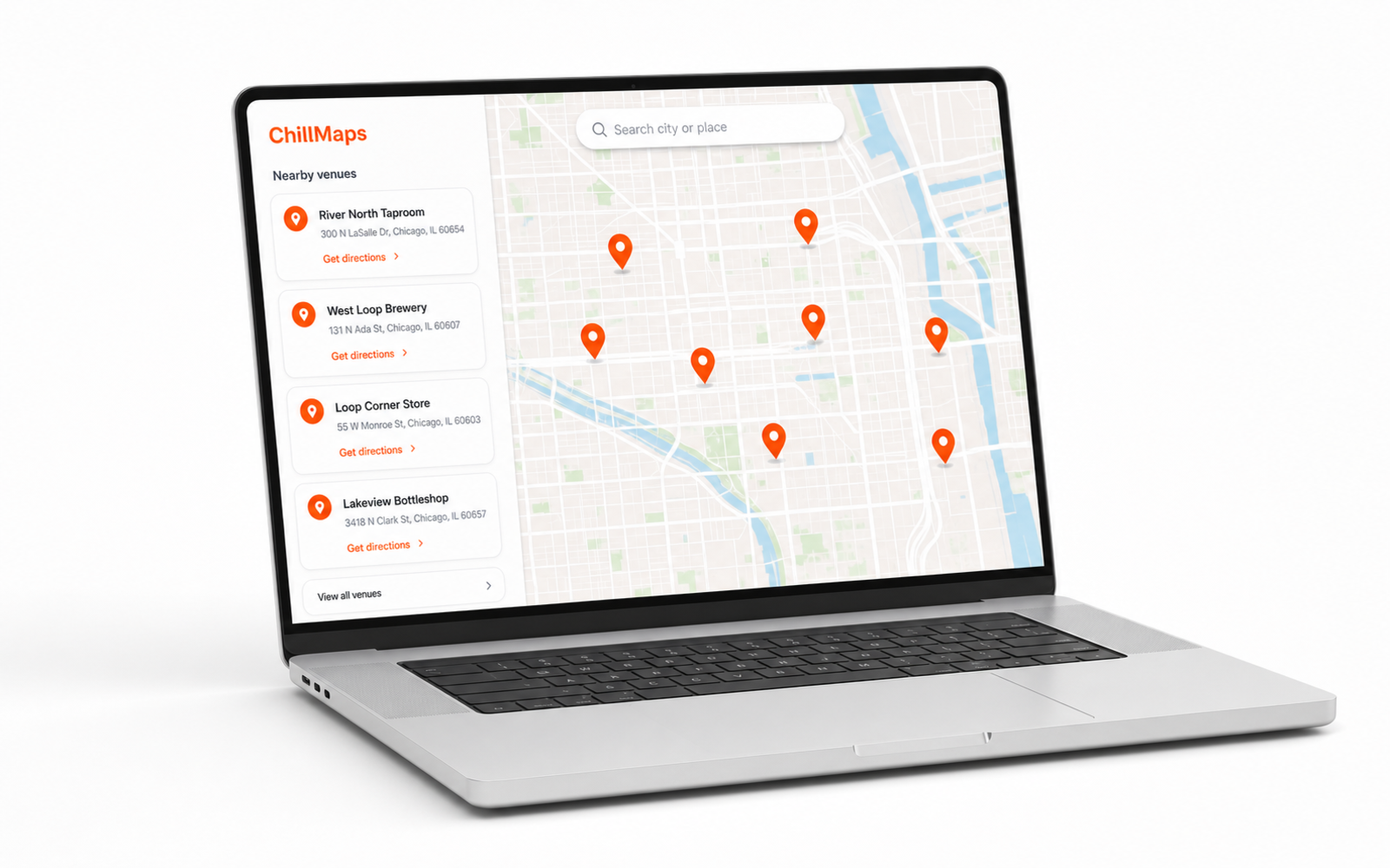ChillMaps store locator running full-screen on a laptop