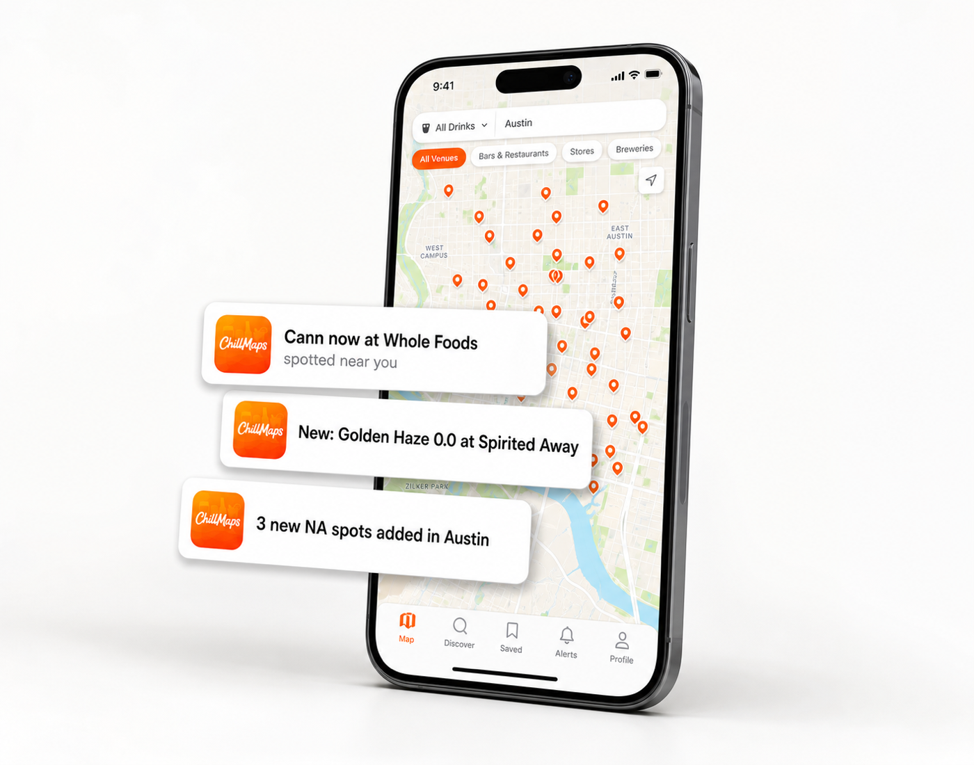 iPhone with ChillMaps push notifications about new nearby drinks